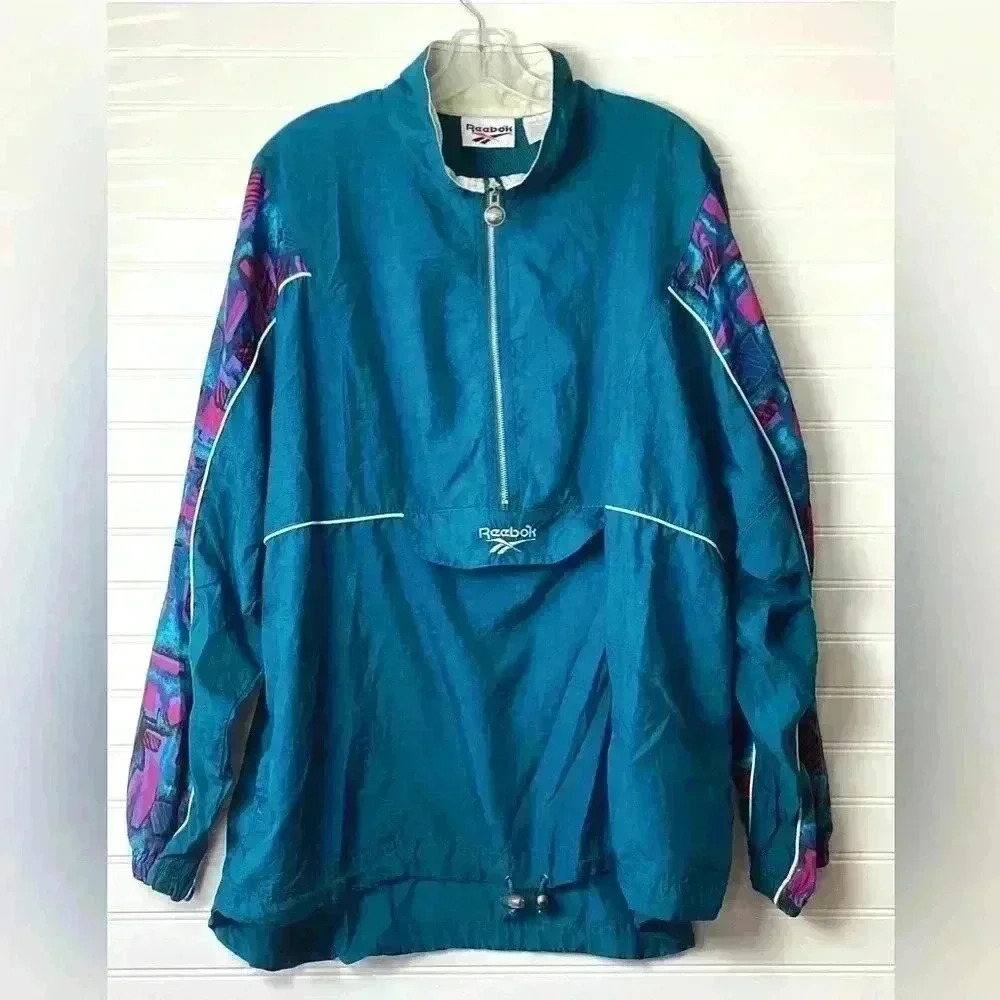 Vintage Reebok Mens XL Pullover Windbreaker Jacket 1/4 Zip-Up Teal Purple